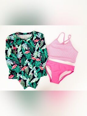 Carter's Flamingo & Pink Striped Girls Rashguard Swim Set Size 12